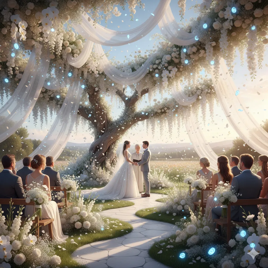 Wedding ceremony with ethereal floral arrangements